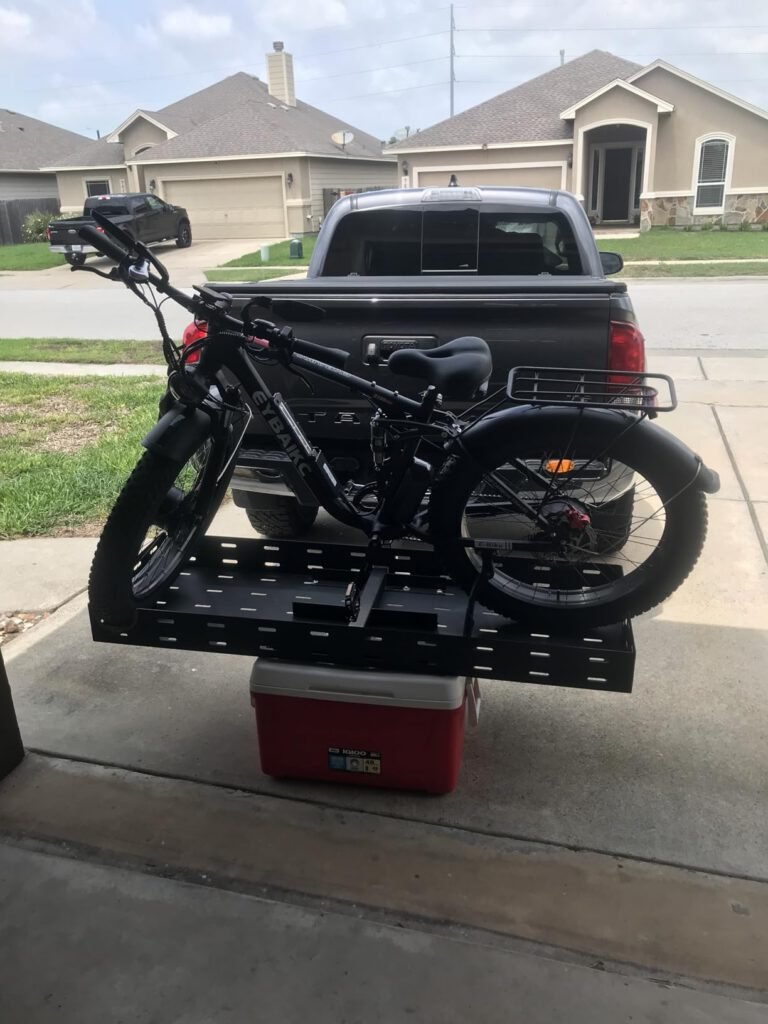 EYBAIKC rider photo showing the bike transported on a vehicle rack