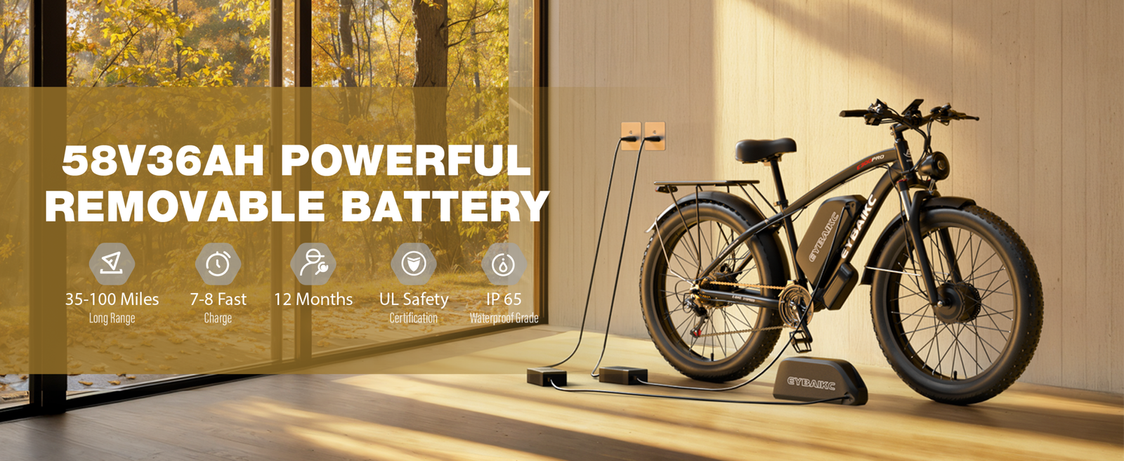 E300Pro 58V 36Ah removable battery, charging time, range and certification details