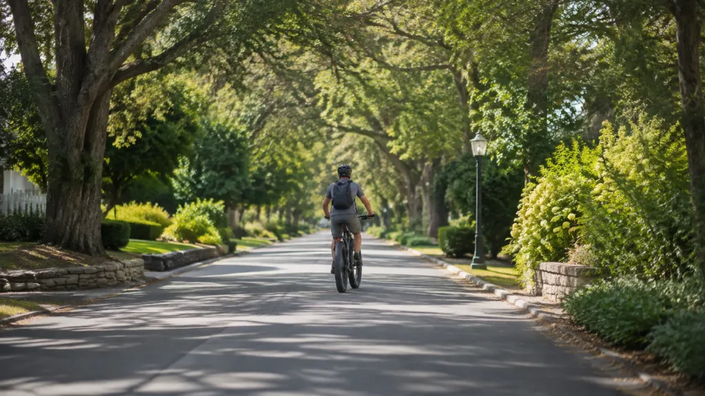A cyclist carrying a small backpack on a tree-lined residential lane.
